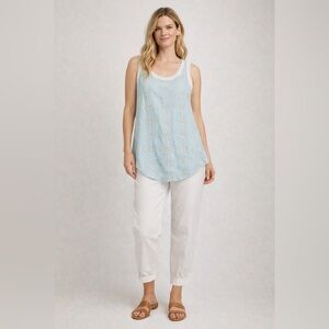 Johnny Was XS 100% Linen Blue Eyelet Tunic‎ Tank Top Boho Lagenlook Art To Wear